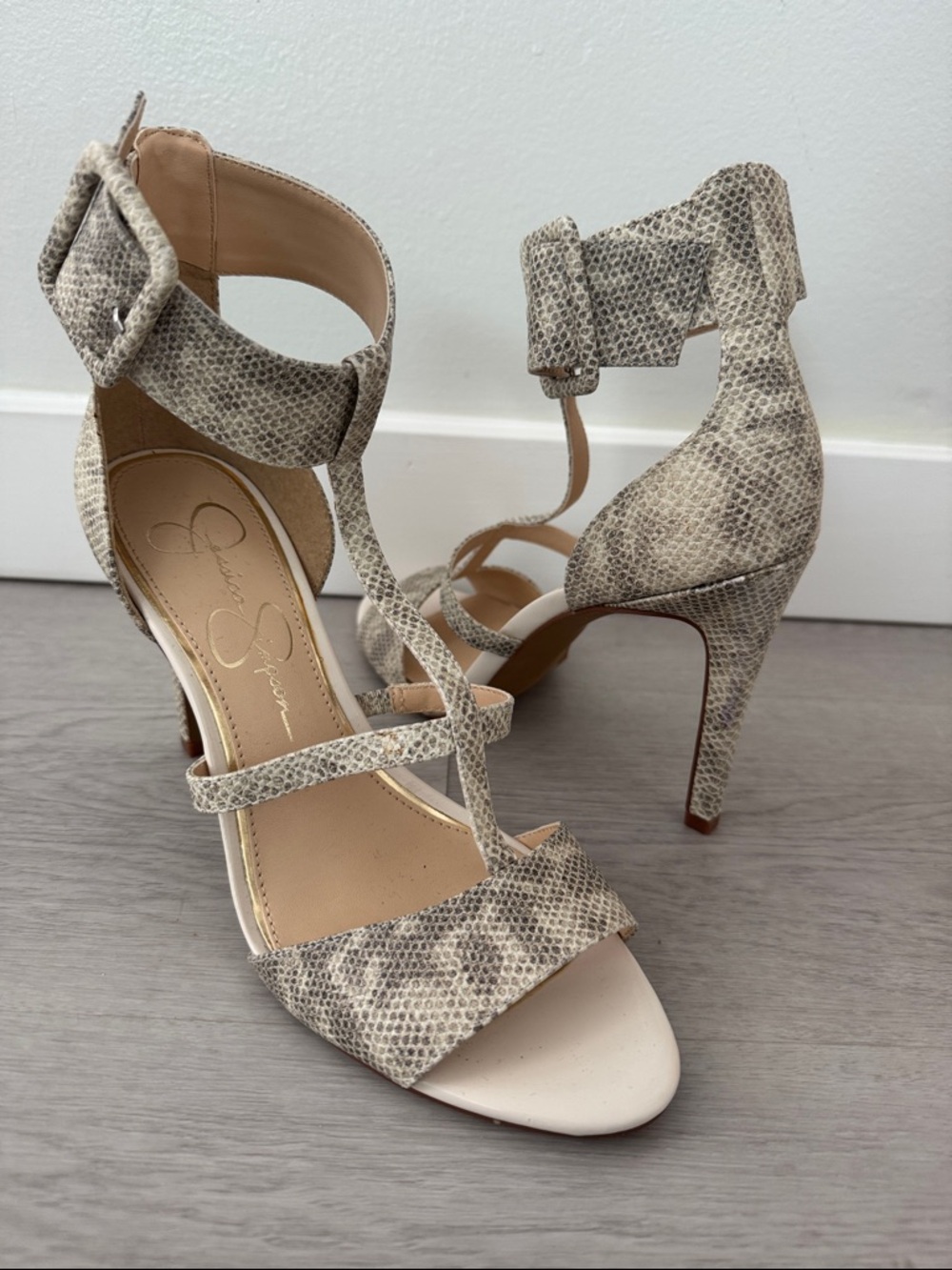 Jessica Simpson Blare Taupe Snake-Print Ankle-Strap Stilettos